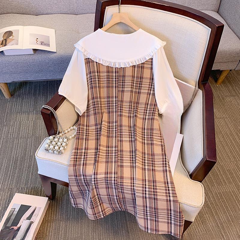 Plus Size Women's Summer Pastoral Print Fake Two Doll Neck Dress