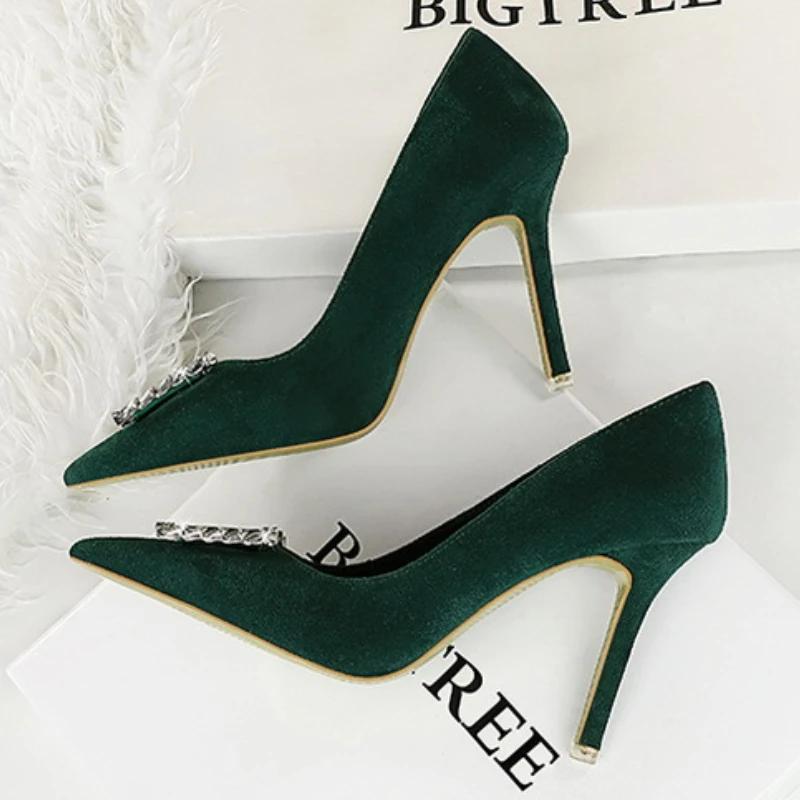 Fashion Women 9cm High Heels Pumps Lady Nightclub Crystal Buckle Green Black Wedding Classic Heels Suede Satin Crystal Replica Shoes