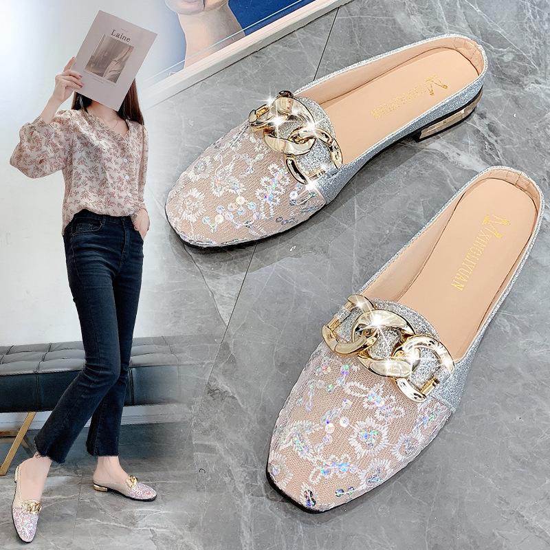 Fashion Korean Version of Bag Head Half Slippers womens 2025 Summer New Fashion Mesh Low Heels Womens Shoes Casual Beach Sandals Women