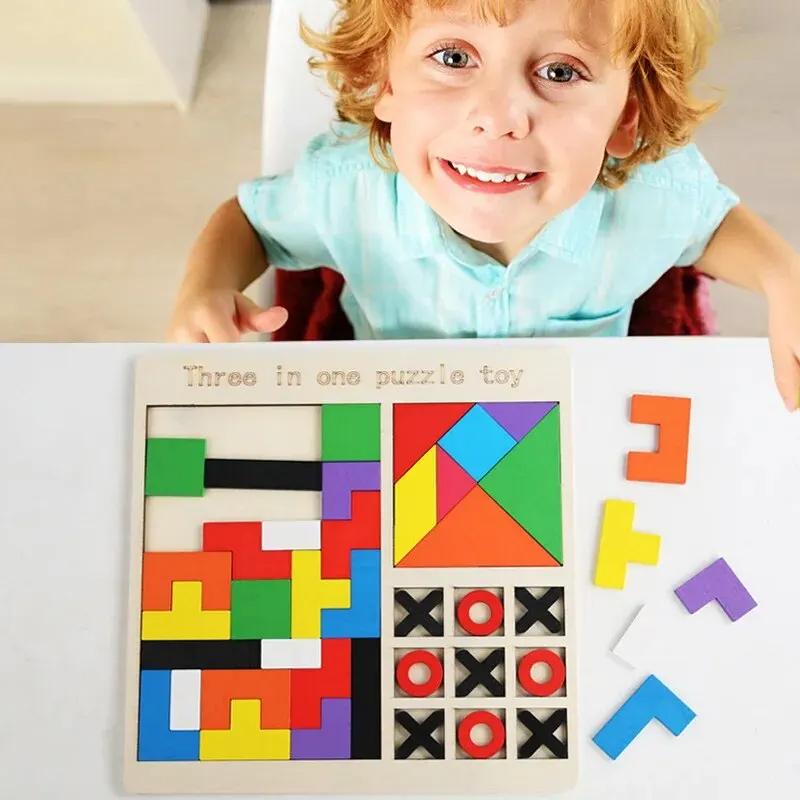 3 In 1 Wooden Puzzle Toy Color Shape Cognition Brain Games for Children Wood Jigsaw Puzzles Toys Tangrams for Children Kids