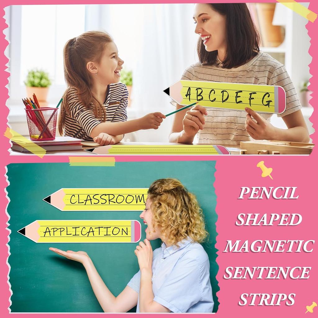 Ireer 12 Pack Pencil Shaped Magnetic Dry Erase Sentence Strips Teachers Magnetic Border Strips for whiteboard Classroom