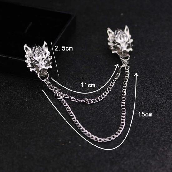 Unisex Double Wolf Head střapec Řetízek Brož Pin Suit Košilový límec Badge dárek