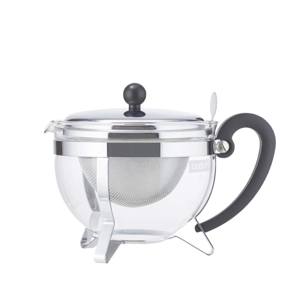 BODUM CHAMBORD Teapot, 1000ml, Silver, for Black Tea, Green Tea, Chinese Tea, Herbal Tea, and Fruit Tea, Stainless Steel Filter, Glass Beaker,