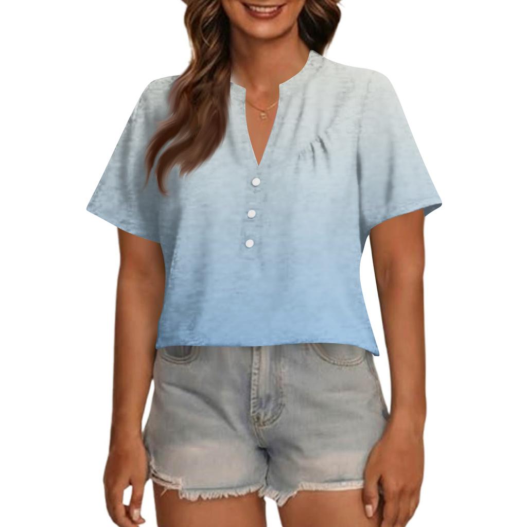 Women's Fashionable Casual V Neck Button Up Oversized Short Sleeve Printed Top