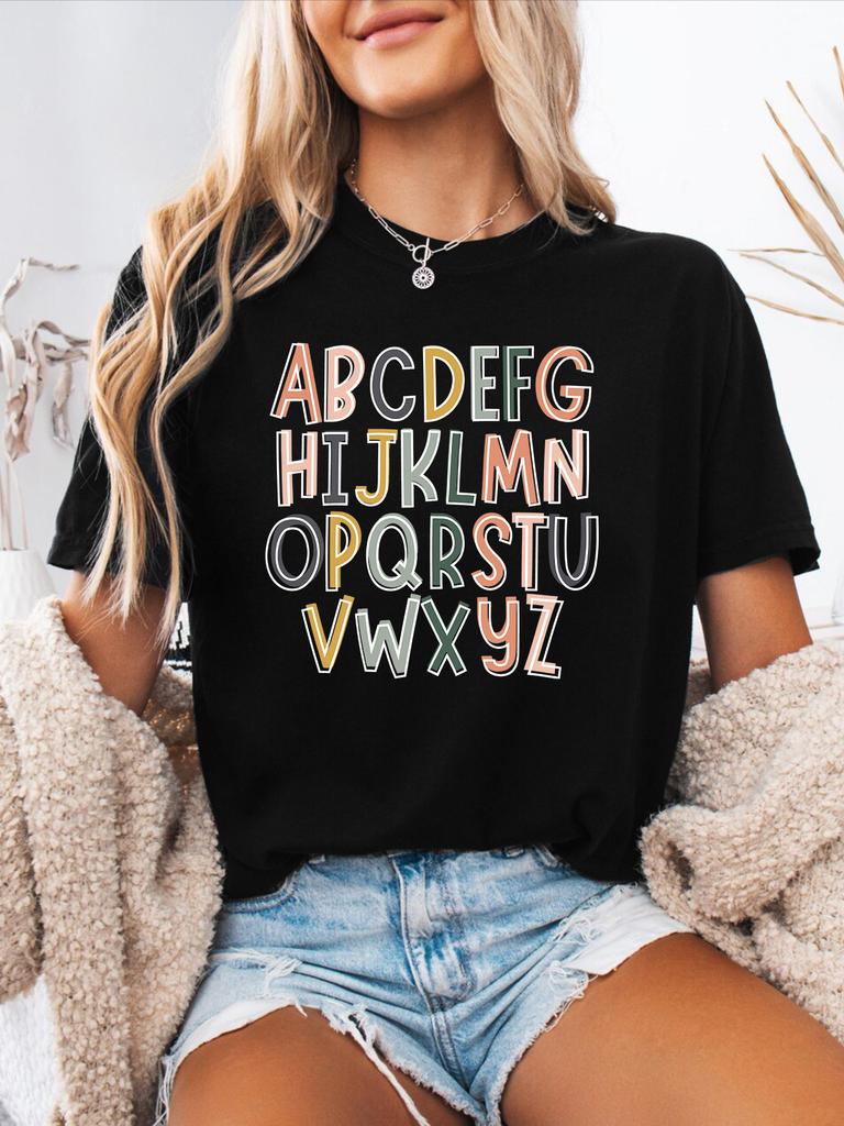Small Language Spanish Alphabet Print Spring and Summer Casual T-Shirt Round Neck Short-Sleeved Sports T-Shirt Women'S Top