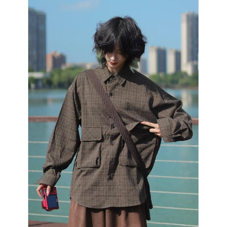 

Рубашка в клетку с длинными рукавами в японском стиле Boyue Qiyue, модная универсальная и красивая повседневная рабочая одежда с карманом для мужчин и женщин 2XL зелёный