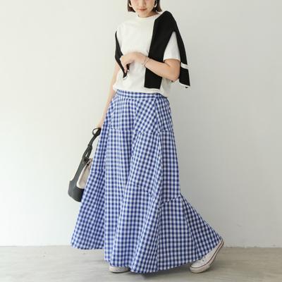 Lotte Heißer Sommer Japanischer Elastischer Lockerer Karierter Rock Spleißen Großer Schwung Langer Halbkörperrock Für Damen
