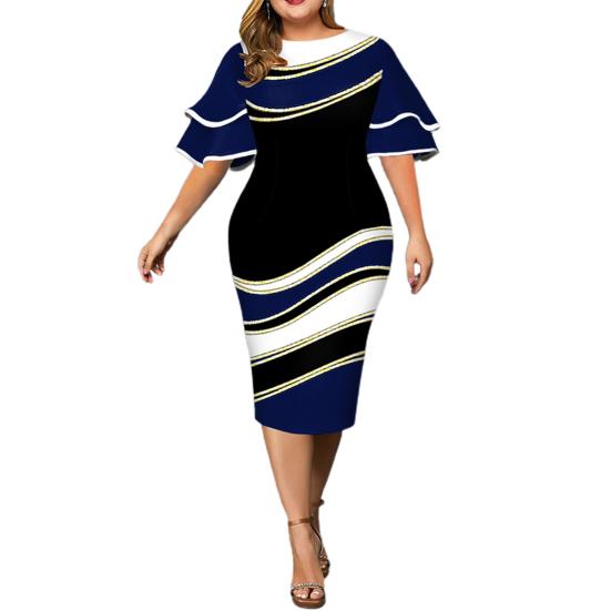 Lady Petticoats Plus Size Women Bodycon Dress Geometric Print Layered Bell Sleeve Autumn Round Neck Slim Midi Dress for Wedding