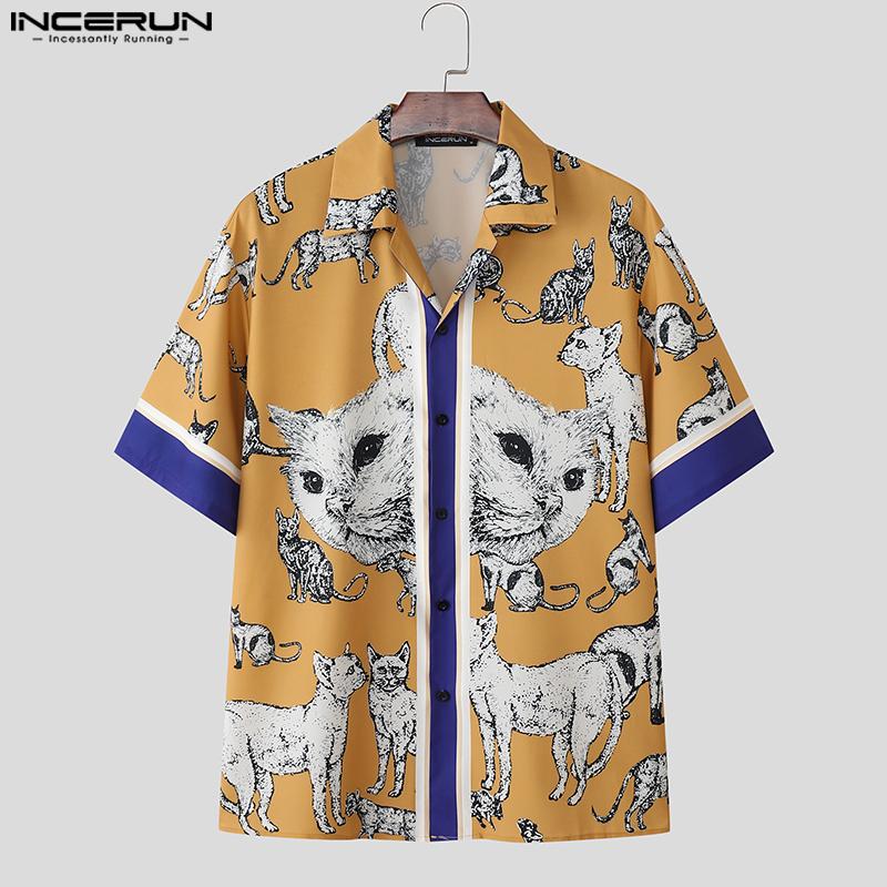 INCERUN Two Pieces Sets Men Short Sleeve Cartoon Print Shirts Pants Casual Loose Outfits