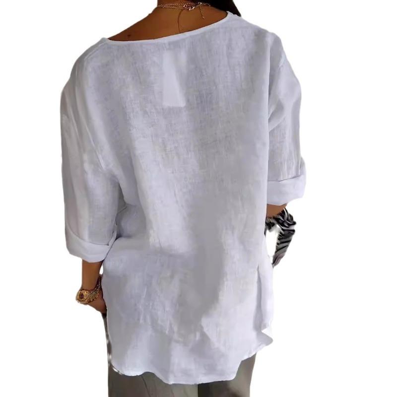Summer Loose T-shirt Women's Fashion V-neck Cotton Linen Button Top Shirt