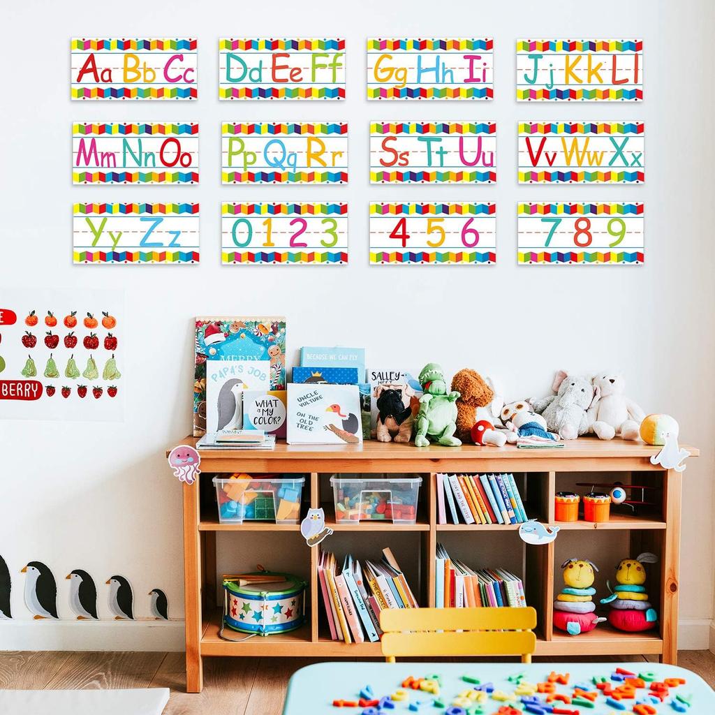 Outus 12 Pcs Alphabet Bulletin Board Strips Set Alphabet Line ABC Banner Number Line Border Posters for Classroom Wall Including Adhesive Dots for