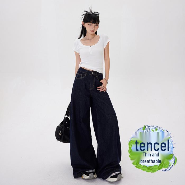 

YY&Retro Women s High Waist Wide-Leg Floor-Length Jeans - Breathable, Cool, Draping Fit Large