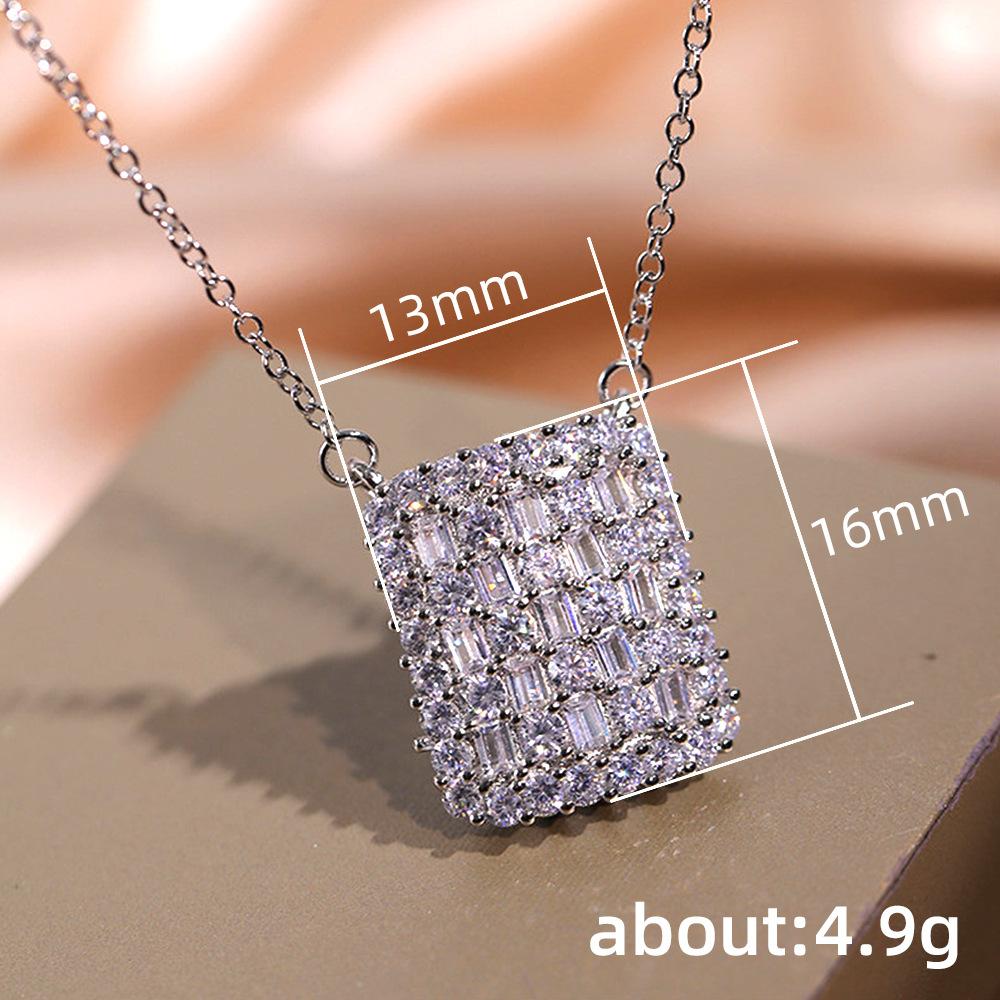 Silver Plated Baguette & Round CZ Paved Rectangle Pendant Necklace, Sparkling Full Paved Crystal Chain Necklace for Women