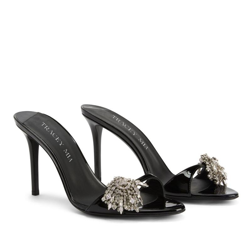 

Fashion New Summer European Style Diamond Chain Comfortable Slipper Open Toe Patent Leather Wear Stiletto Heels 39 чёрный