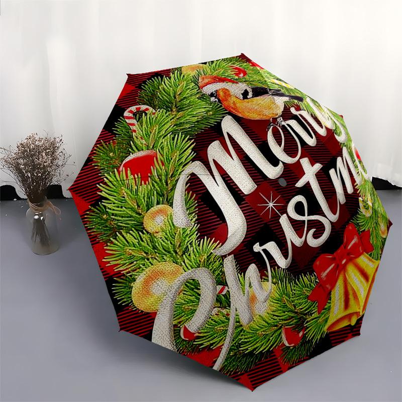 1pc Christmas Wreath with Bird Umbrella with Plastic Handle,Suitable for All Seasons Home Travel Outdoor UmbrellaDD256
