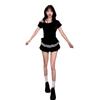 Korean design hem lotus leaf splicing plaid short-sleeved t-shirt summer Korean hottie slim and thin slanted shoulder tide