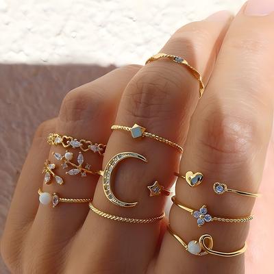 Set di 10 Anelli per Donna Anello a Catena Color Oro Stile Boemo Moneta Serpente Luna Stella Festa Foglie Amore Tendenza Gioielli Regalo