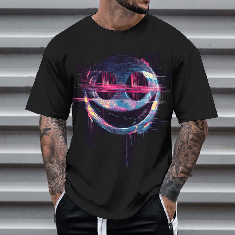 Summer Round Neck 3D Neon Graffiti Skull Graphic Print Top Fashionable Casual Short Sleeved Men's T-shirts