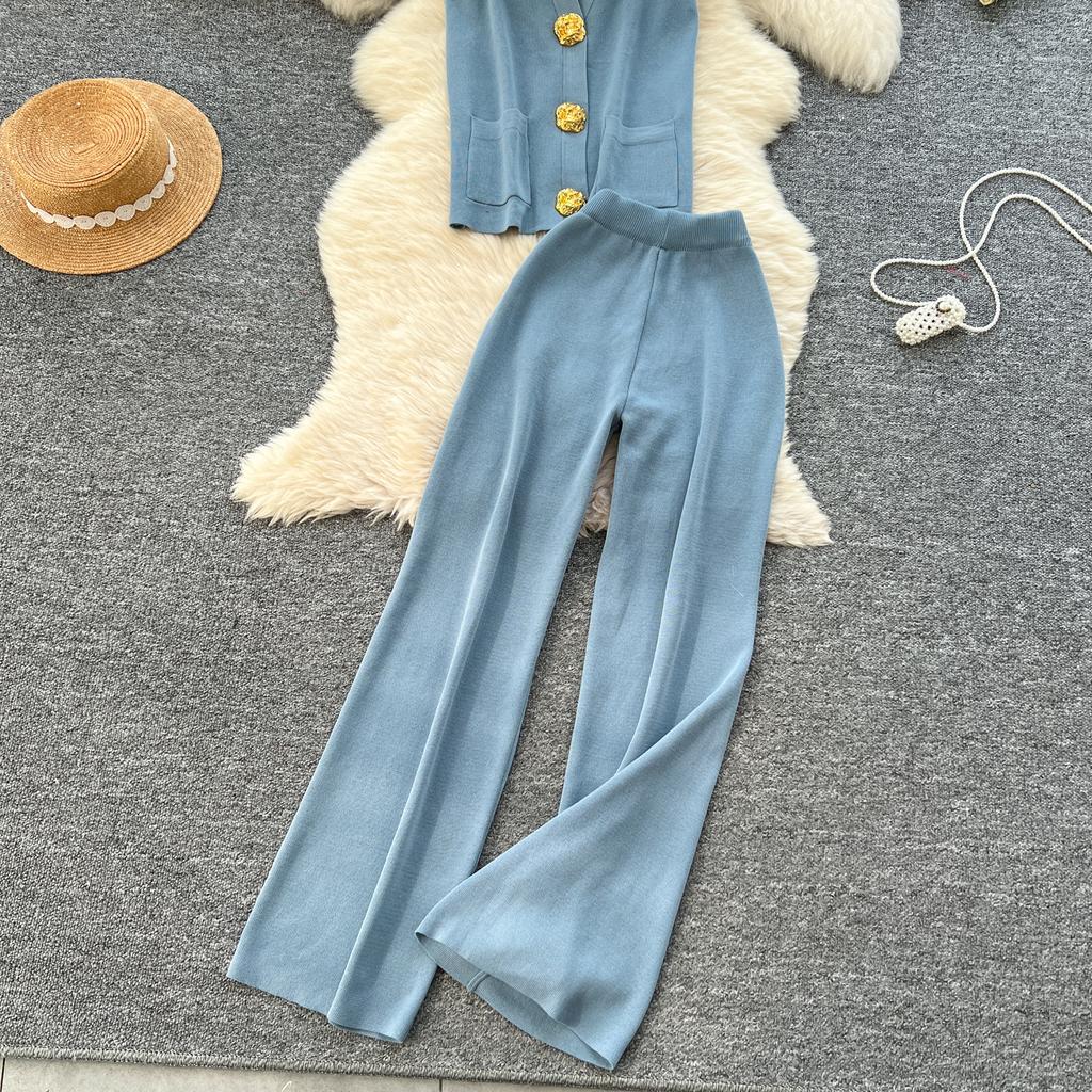 Summer Women Knitted Sweater Tracksuit Sleeveless Big Gold Button Tank Vest Tops and Wide Leg Pant Two Piece Set