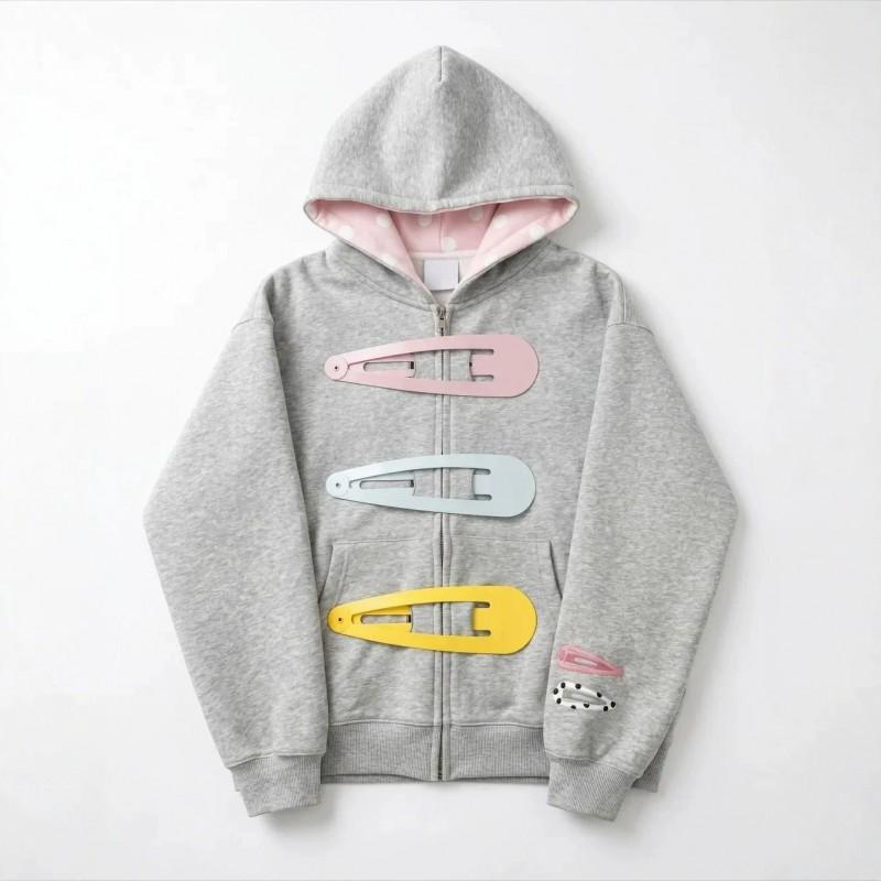 2026 Fall Winter Y2K Cute Cool Hair Clip Hooded Sweatshirt Women Street Loose Zip Jacket