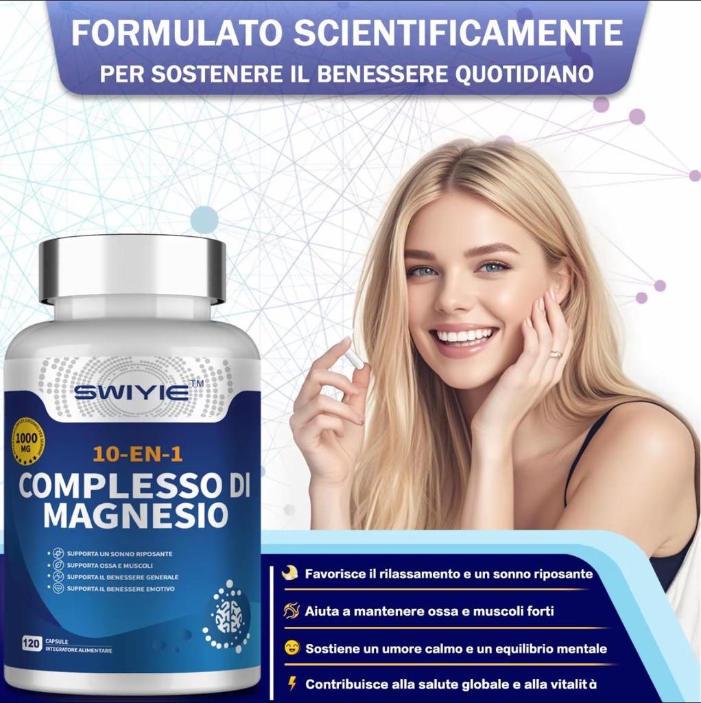 SWIYIE 10-in-1 Magnesium Complex 1000mg - Supplement with Glycinate Taurate, Vegan Capsules for Muscle, Heart, and Relaxation Support 120 capsules.
