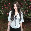 [Lyocell] Korean contrasting color strap horn medium-sleeved T-shirt women's summer new fashion slim-fitting top