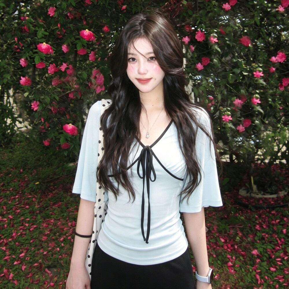 [Lyocell] Korean contrasting color strap horn medium-sleeved T-shirt women's summer new fashion slim-fitting top