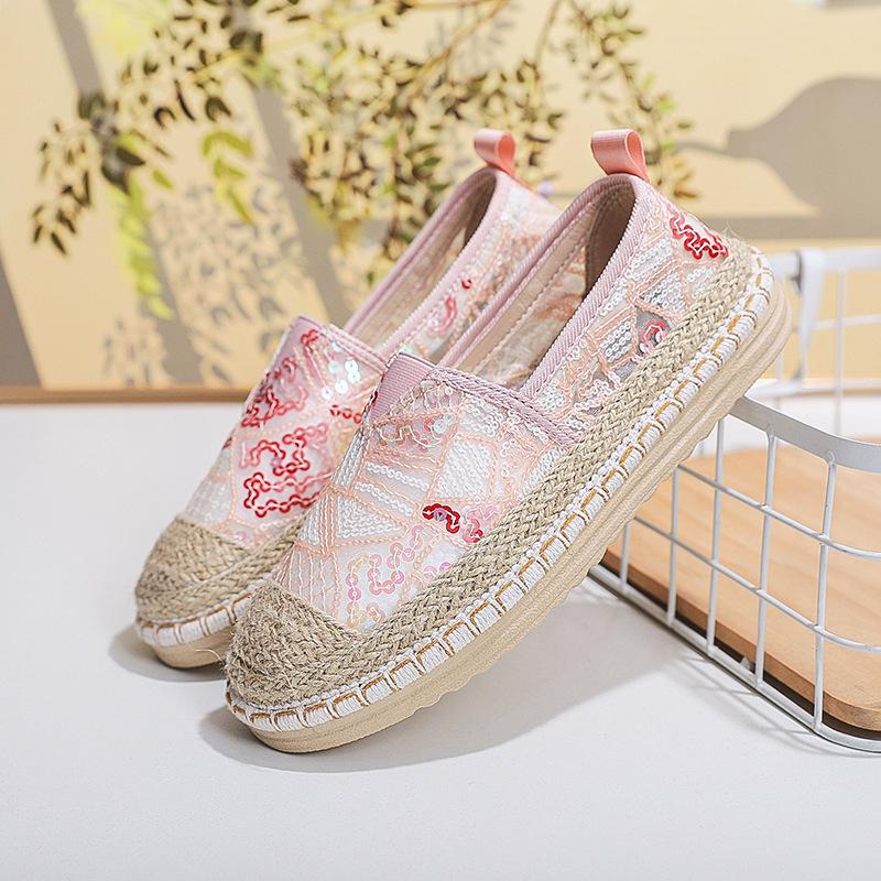 Fashion Lace Breathable Fashion Flats for Women Casual Slip On Spring Summer New Weaving Sequins Loafers Mixed Color Flat Single Shoes
