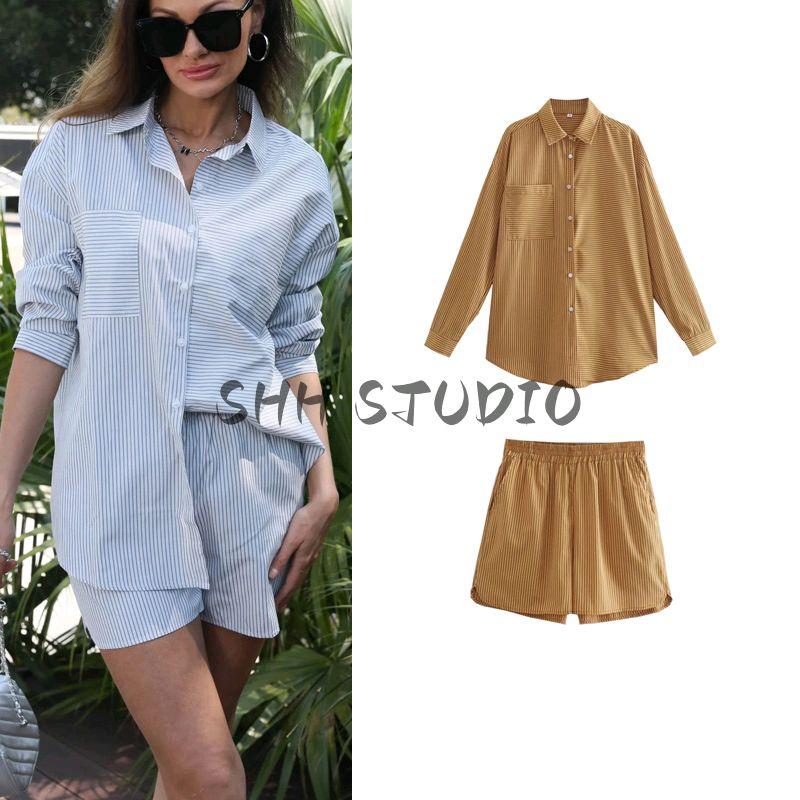 Spring New Women's Clothing Hong Kong Style Comfortable Lapel Long Sleeves Stripes Shirt + Casual Loose Stripes Shorts Suit