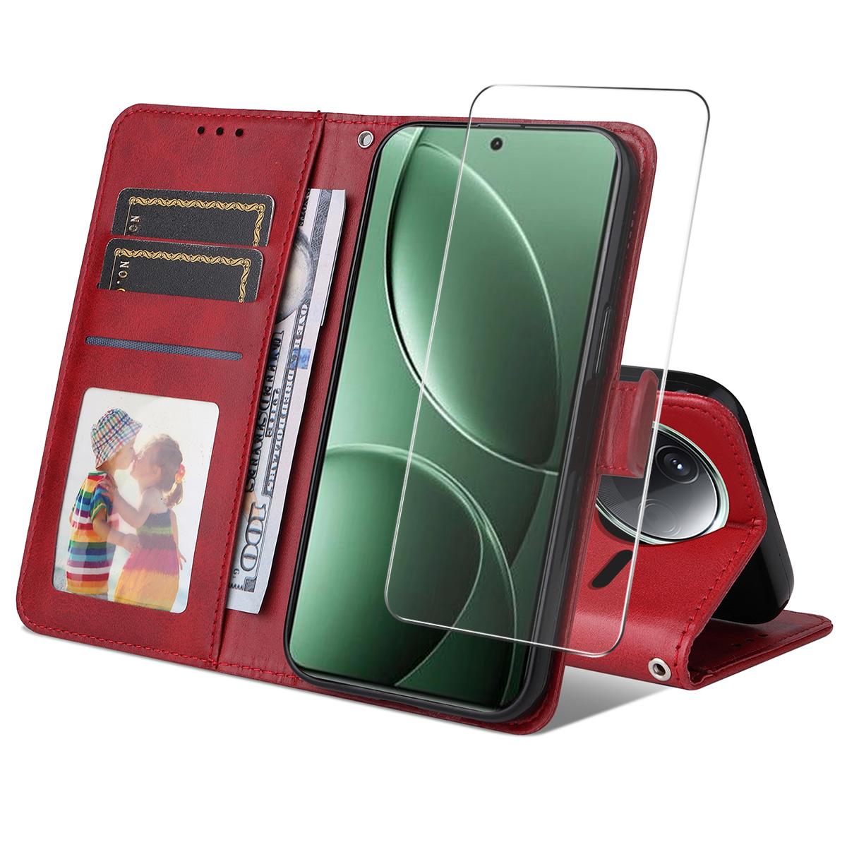 

For Xiaomi Poco F7 Pro 5G/Redmi K80 5G PU Leather Wallet Case ENKAY HAT PRINCE Phone Stand Cover with Tempered Glass Red