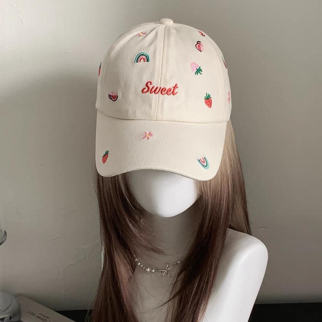 Sweet strawberry embroidered baseball cap female cute little fresh rainbow fruit shade soft top cap versatile