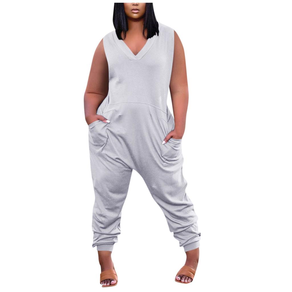 Women's Casual Color Sleeveless Plus Size Jumpsuit With Pockets