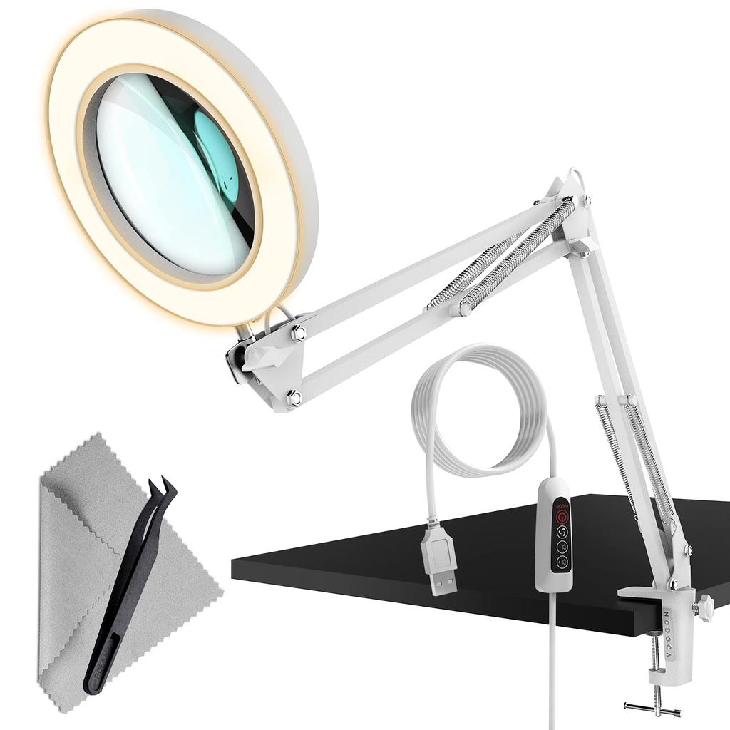 NODOCA Magnifying Glass with Stand and Desk Lamp with 5x Adjustable 72 Stepless USB White Light, Magnification, Foldable, Angle, LEDs, 3-Color