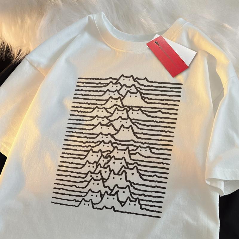 Cat Group Mountain Cartoon Trendy Summer Travel Mountain And River Cat Line Short Sleeve T-shirt Men Women Trendy Brand stitch
