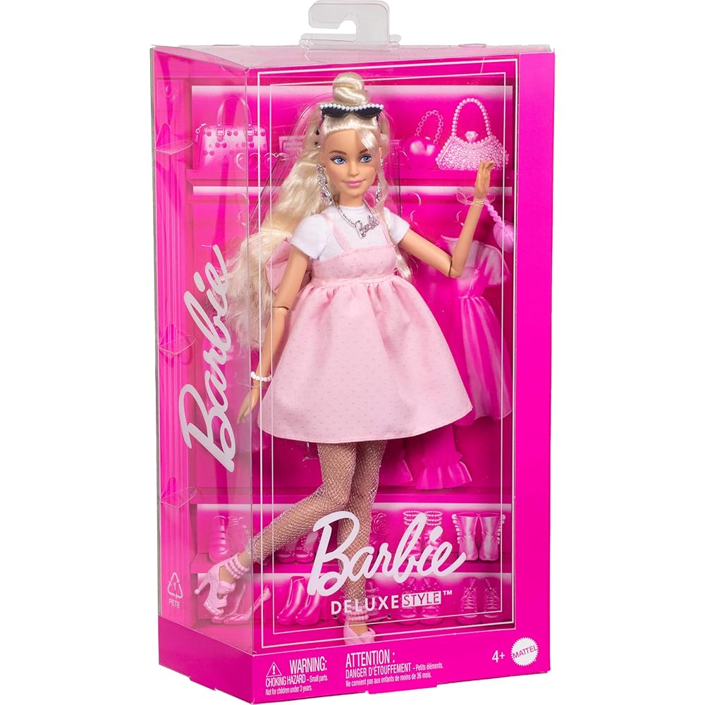 Barbie Deluxe Style Doll 3 Inch Blonde Hair Top Knot Pink Pastel Dress Mesh Tights Accessories