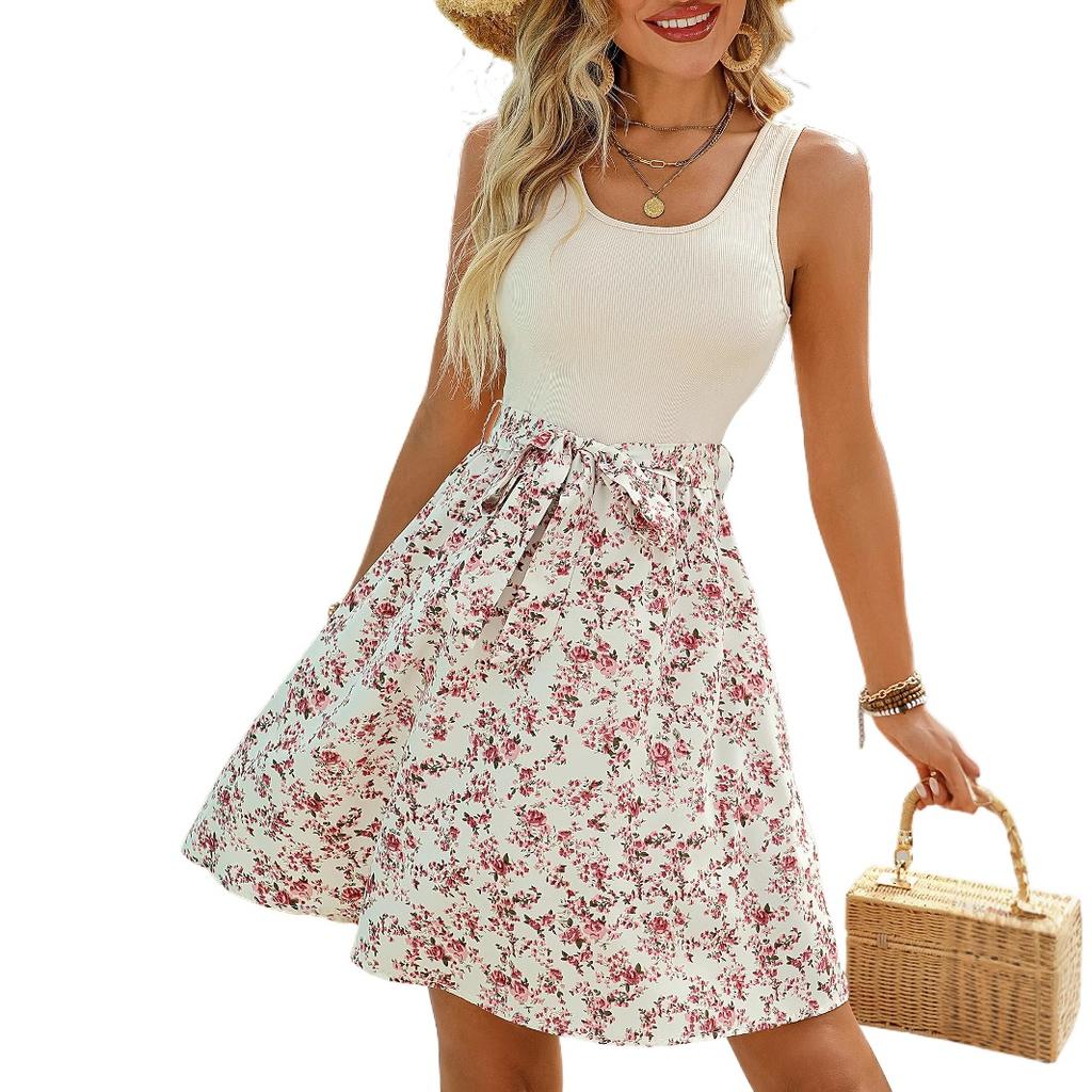2026 New Summer Woman Elegant Lace-up Sleeveless A-Line Dress,beach Dress for Ladies,Woman Clothing,Floral Dresses