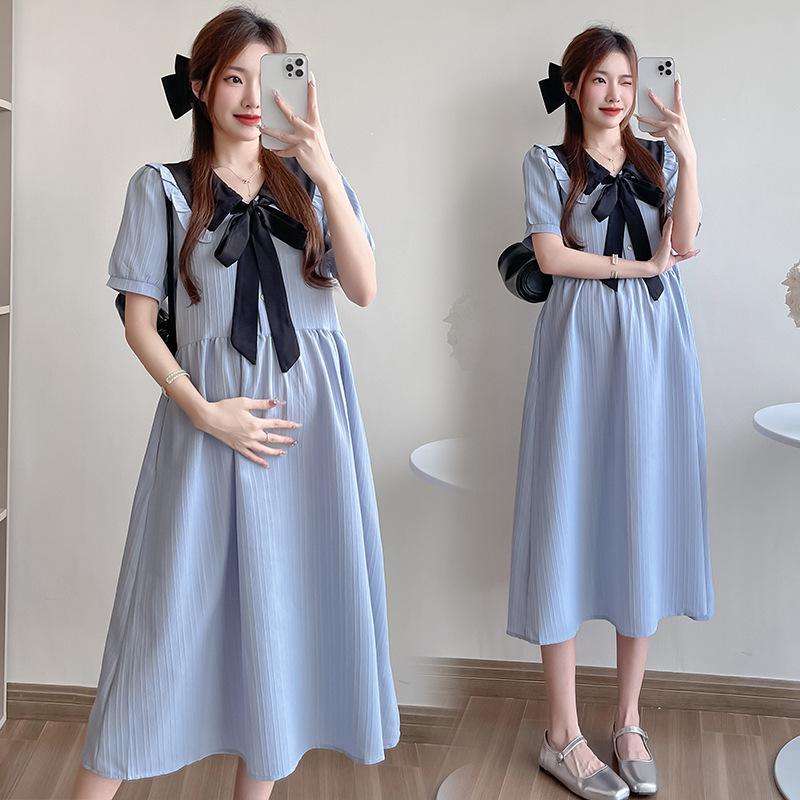 2026 Summer College-Style Maternity Dress with Doll Collar – Slimming, Flaw-Concealing, and Mid-Length Design
