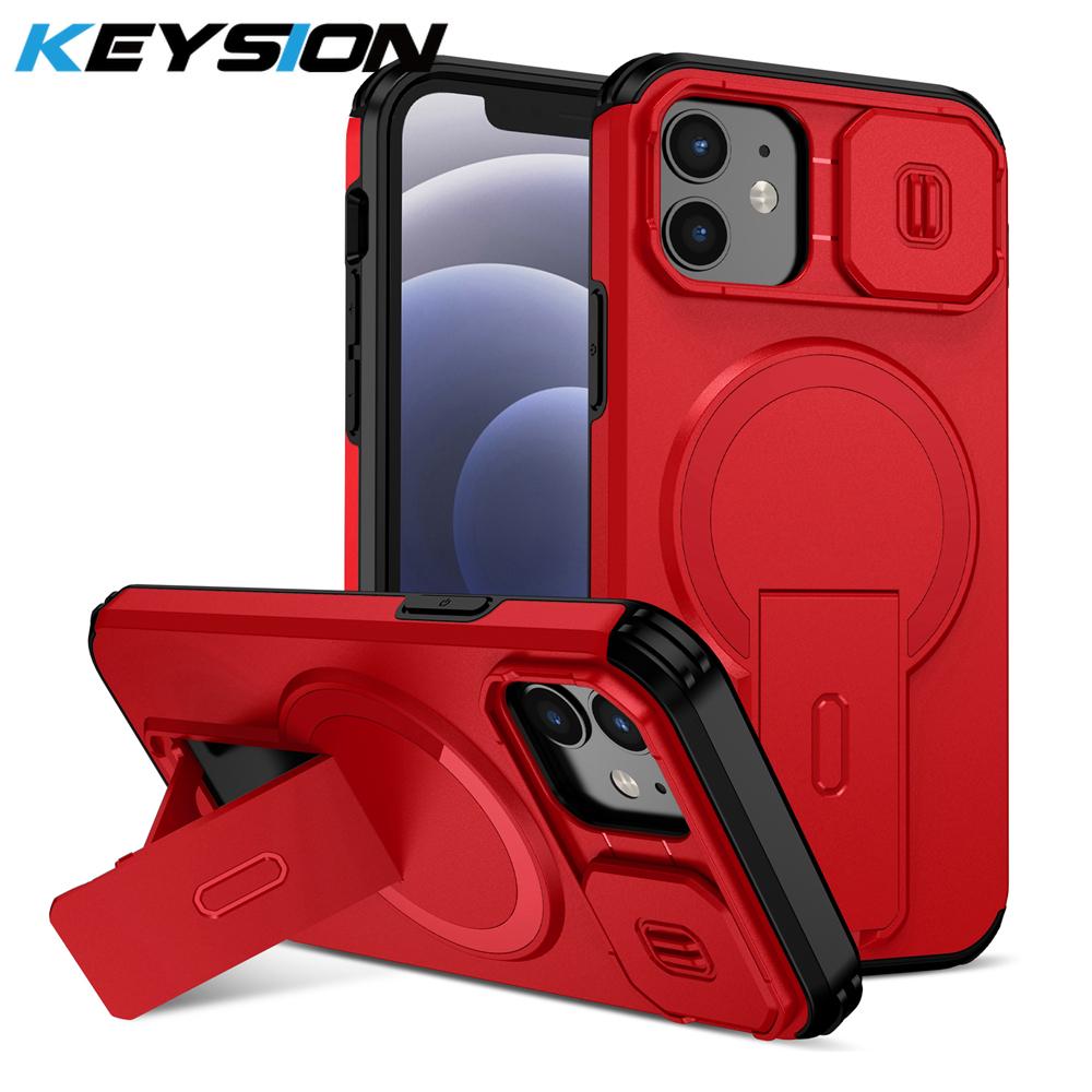 KEYSION Shockproof Magnetic Case for iPhone 11 12 Pro Max Slide Camera Lens Protect Kickstand Wireless Charging Phone Back Cover