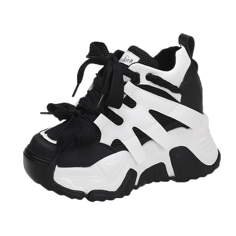 Fashion Women Autumn Leather Sneakers 10CM Heels White Mesh Casual Shoes New Fashion Woman Trainers Lace-Up Breathable Platform Sneakers