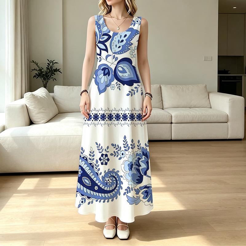 Women's Blue White Paisley Print Maxi Dress,Loose Fit Lightweight Elegant Resort Dress,Versatile for Daily Casual & Party Wear