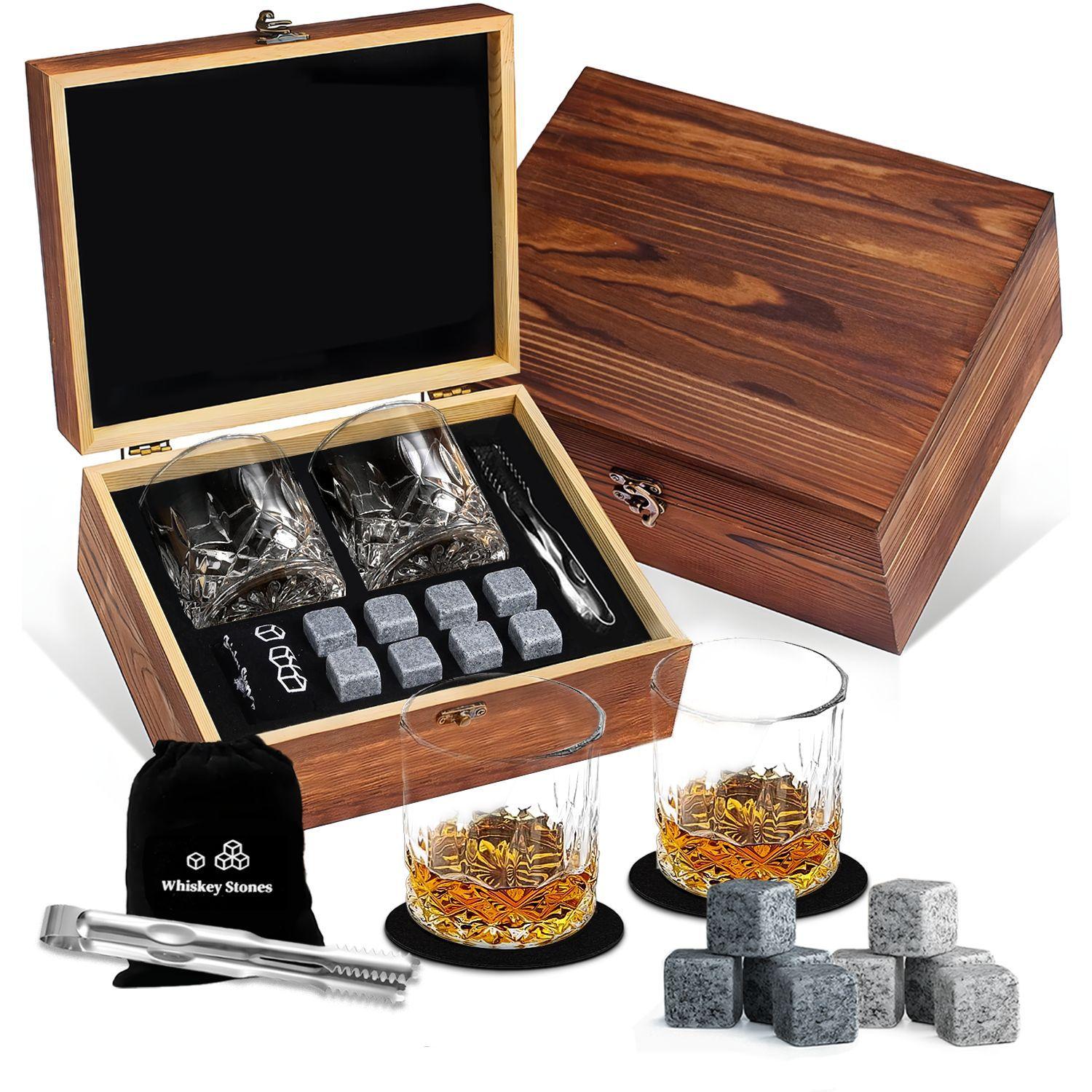 

Whiskey Glass Gift Set, Whisky Gift Set, 8 Reusable Whiskey Chilling Stones, 2 Glasses, Handmade Wooden Box, Whiskey Glasses Set of 2, Gift for Men, коричневий
