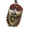 Retro Crusader Shield Metal Pendant Necklace with Genuine Leather Chain