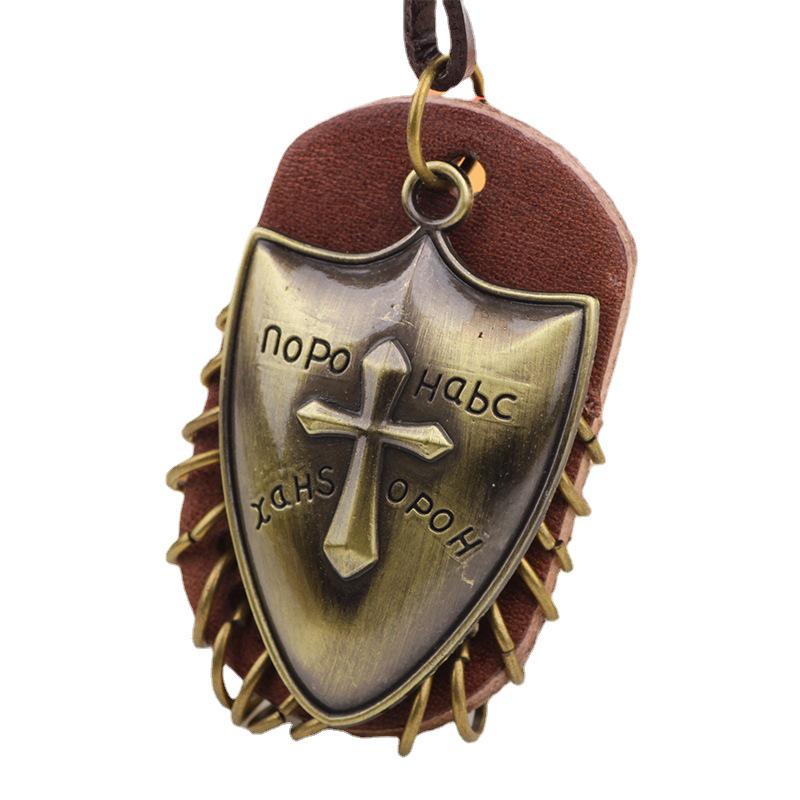 Retro Crusader Shield Metal Pendant Necklace with Genuine Leather Chain