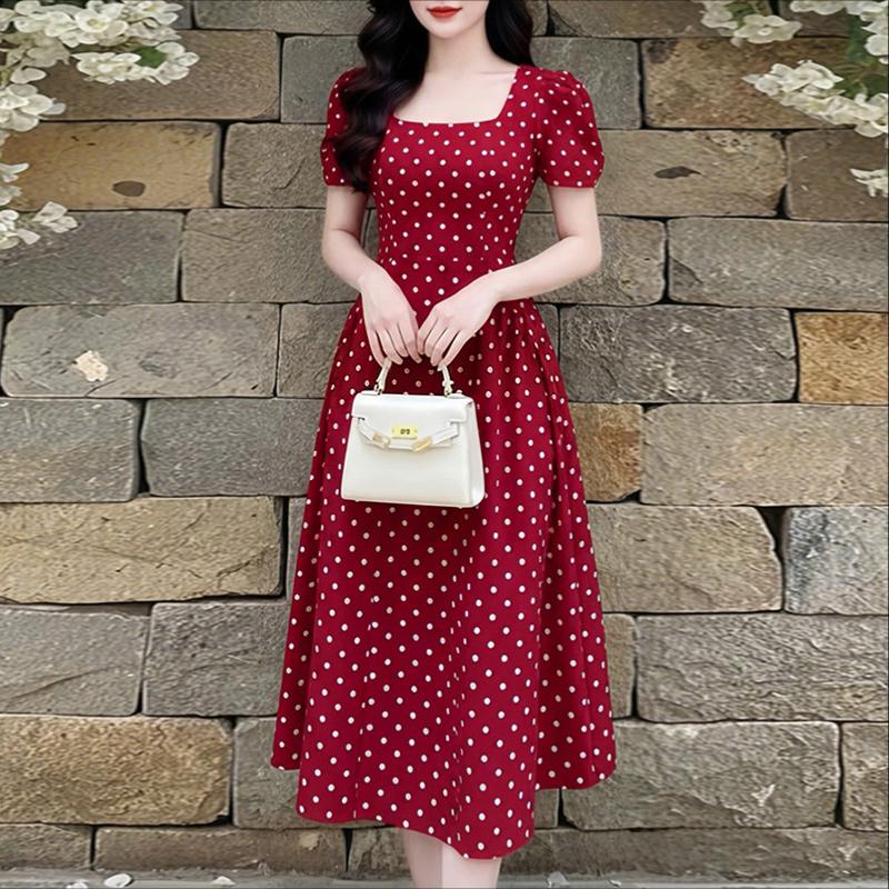 ZANZEA Women Square Collar Casual Short Sleeve Elegant Polka Dot Dress