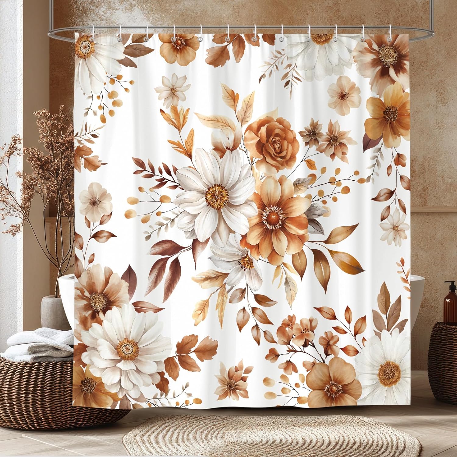 

Floral Shower Curtain Set, Vintage Botanical Print, Polyester Fabric With Hooks For Bathroom Decor W60H190(CM)-1 Pcs