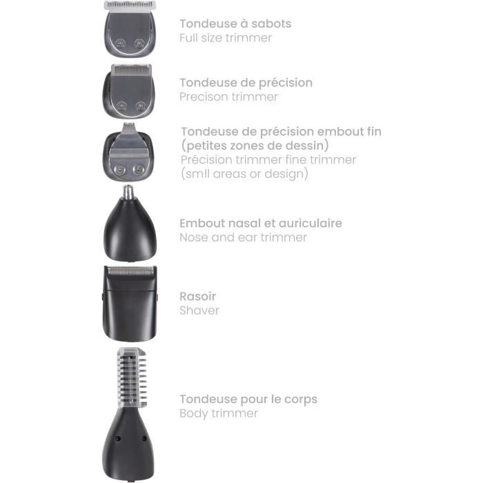 Set Tondeuse Multifonction - LIVOO - DOS196 - 3,7 V - 90 Min - 6 Têtes - 5 Sabots - IPX6 - Noir / Argent