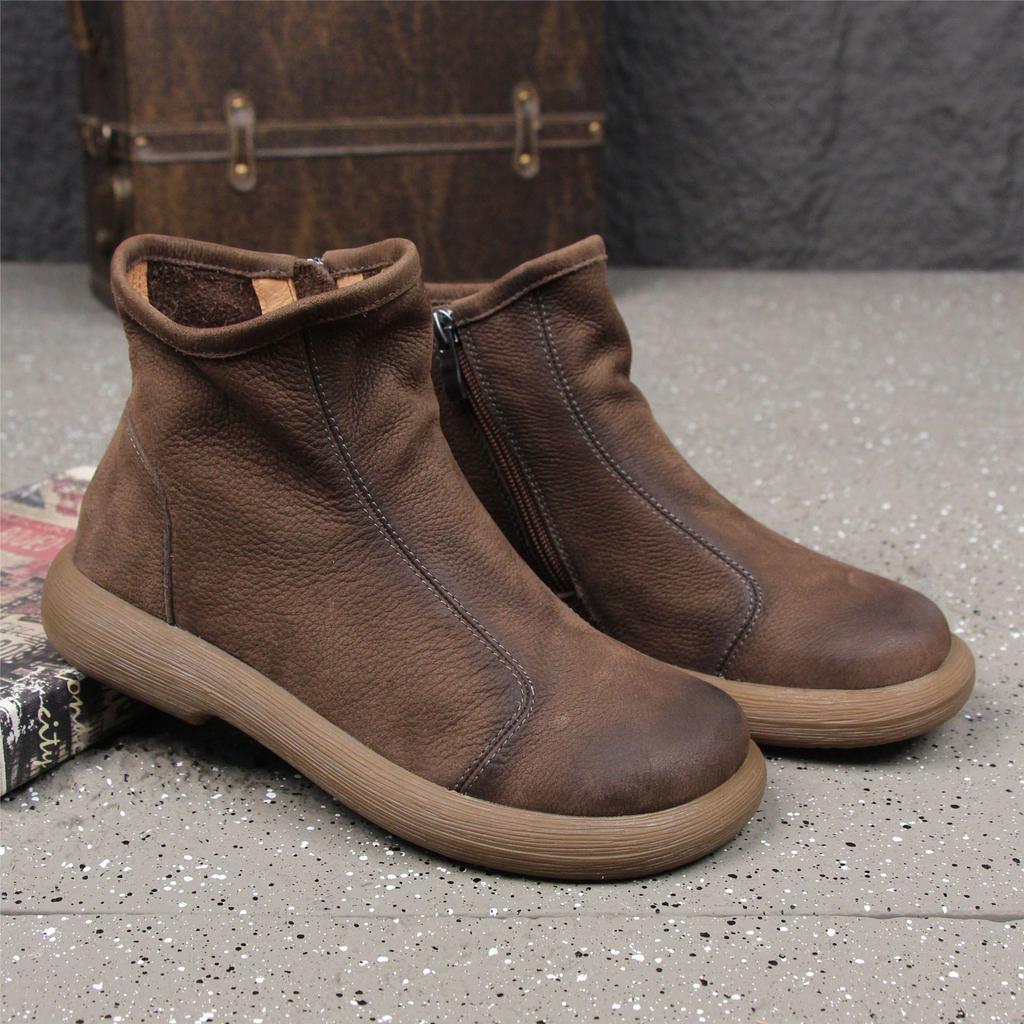 Travel, autumn and winter new women's boots retro round head side zipper short boots casual cigarette boots women