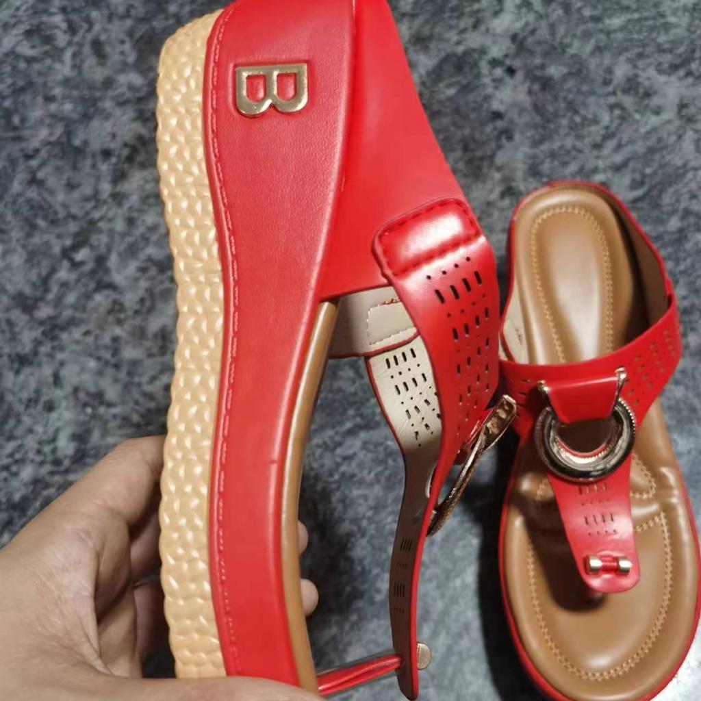 Fashion Women's Fashion Thick-soled Flip Flops Wedge Open Toe Beach Roman Clip-toe Sandal Luxury Metal Buckle Designer Sandals for Women