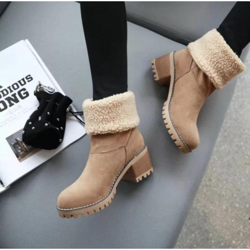 Autumn and winter new solid color boots warm retro snow boots flanged women's cotton boots women's shoes
