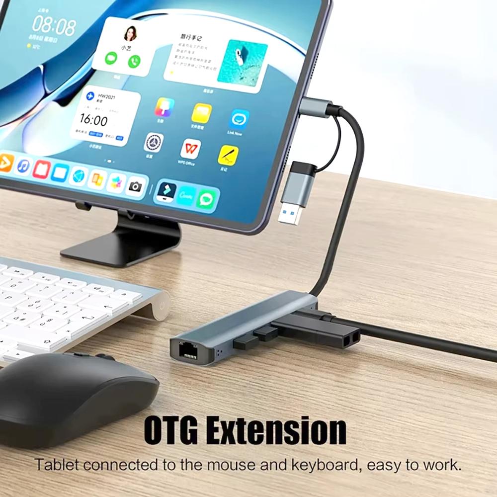 5-in-1 USB-A3.0 Docking Station USB-C Data Transmission Cable Adapter Ethernet Rj45 Gigabit Network Card Type-C Hub for Laptops